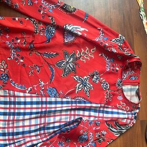Zara Red Floral Blouse with Plaid Accent